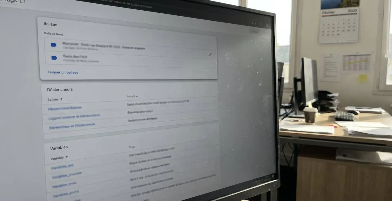 Interface Google Tag Manager affichant un panneau de configuration de balises avec déclencheurs et variables sur un écran d