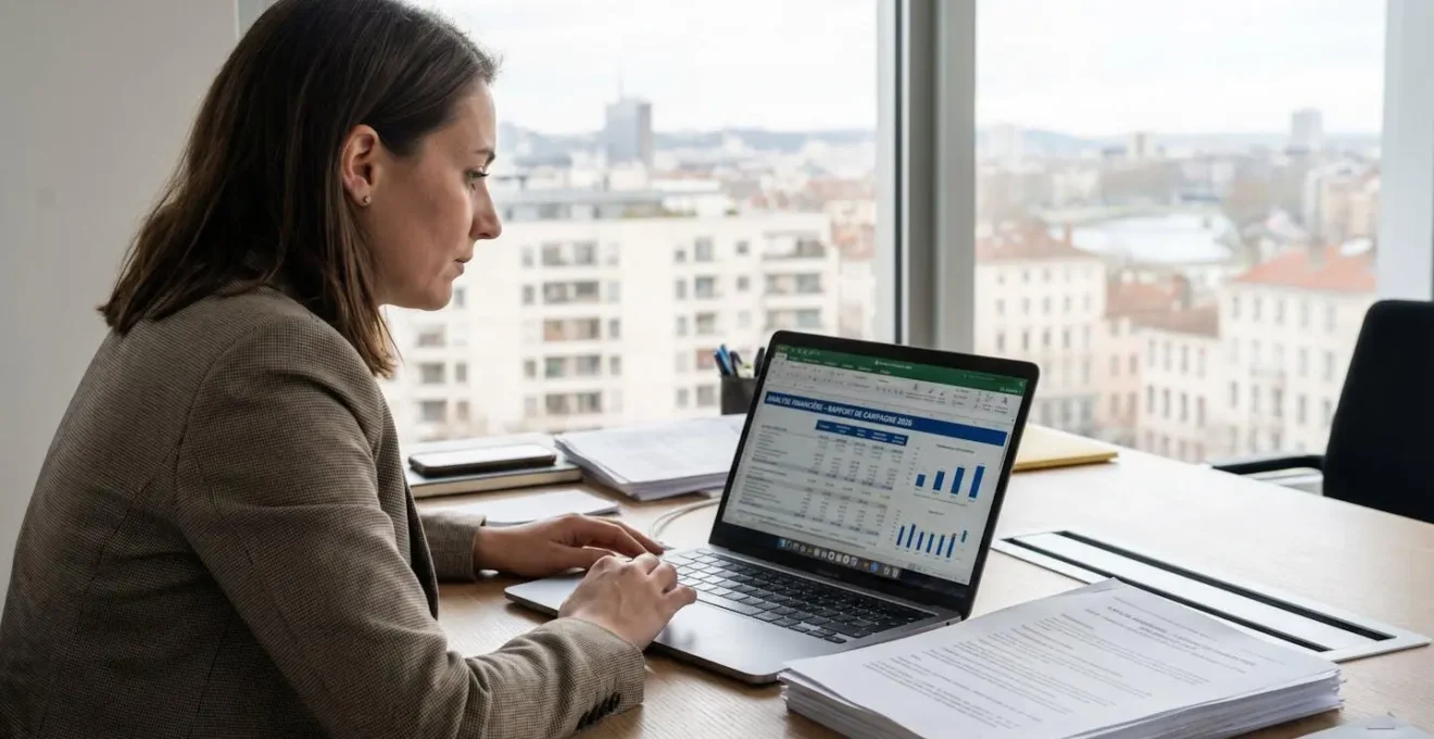 Professionnel du marketing analysant un tableur de métriques de campagnes publicitaires sur un ordinateur portable dans un bureau lyonnais avec vue sur la ville