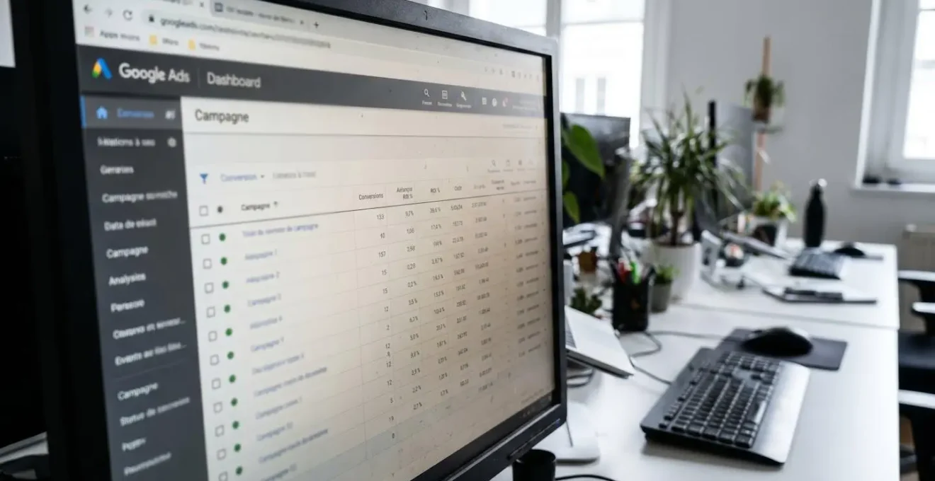 Tableau de bord Google Ads affichant des métriques de conversion et des pourcentages de ROI sur un écran d