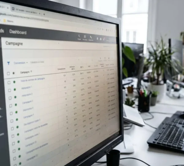 Tableau de bord Google Ads affichant des métriques de conversion et des pourcentages de ROI sur un écran d